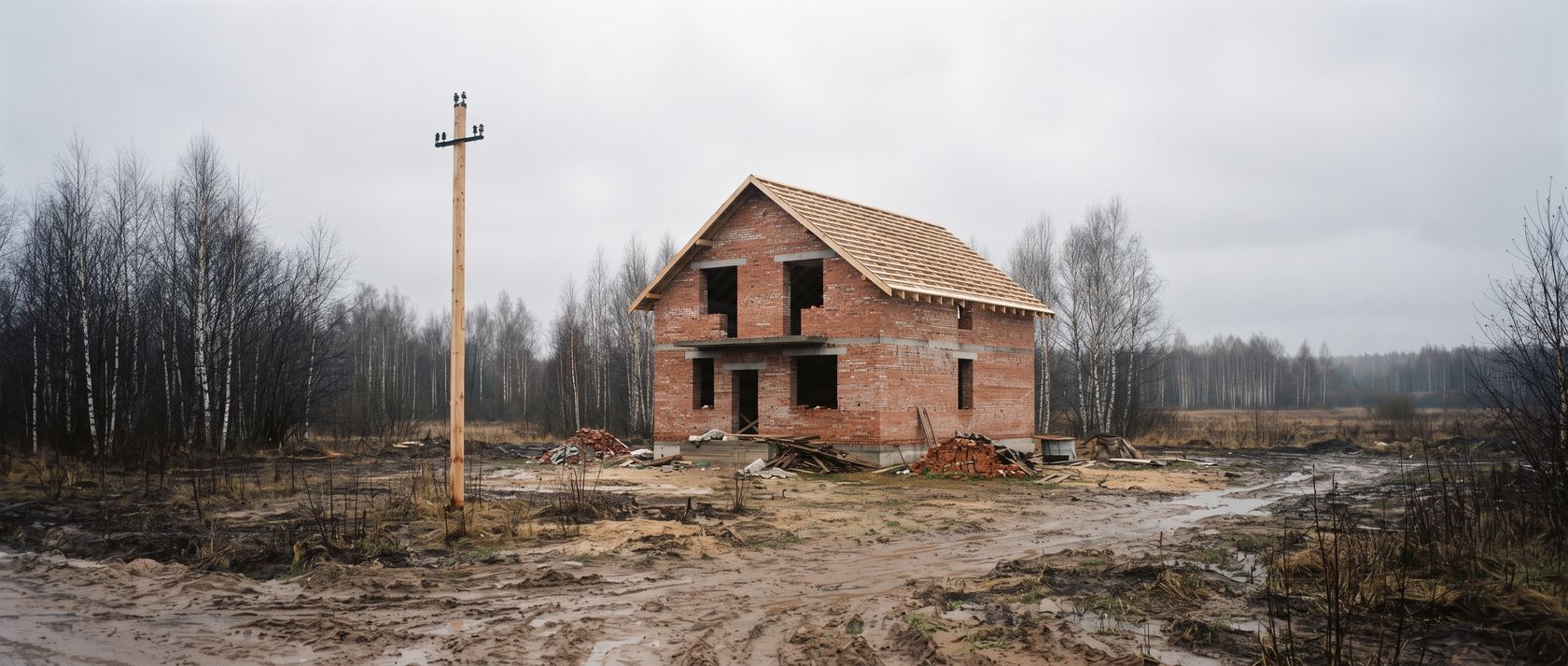 Недостроенный кирпичный дом на участке и новая опора ЛЭП без подведенных проводов