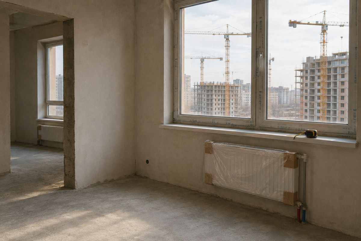 Квартира в новостройке на приемке: бетонный пол и вид на стройку
