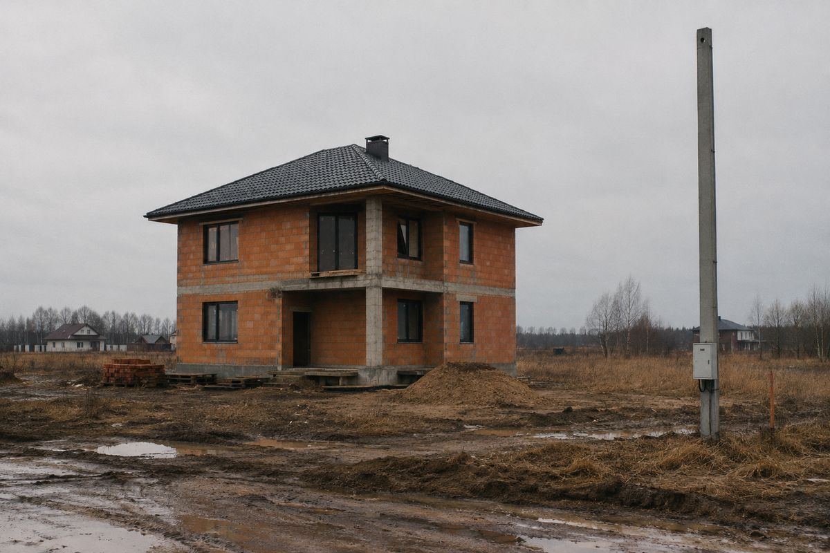 Недостроенный кирпичный дом и новая опора без проводов