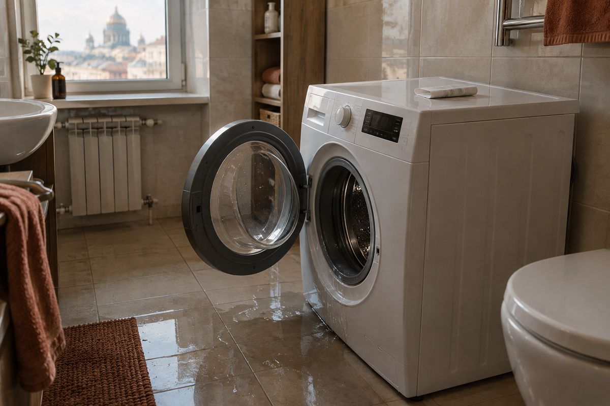 Новая стиральная машина с открытой дверцей и лужа воды на плитке